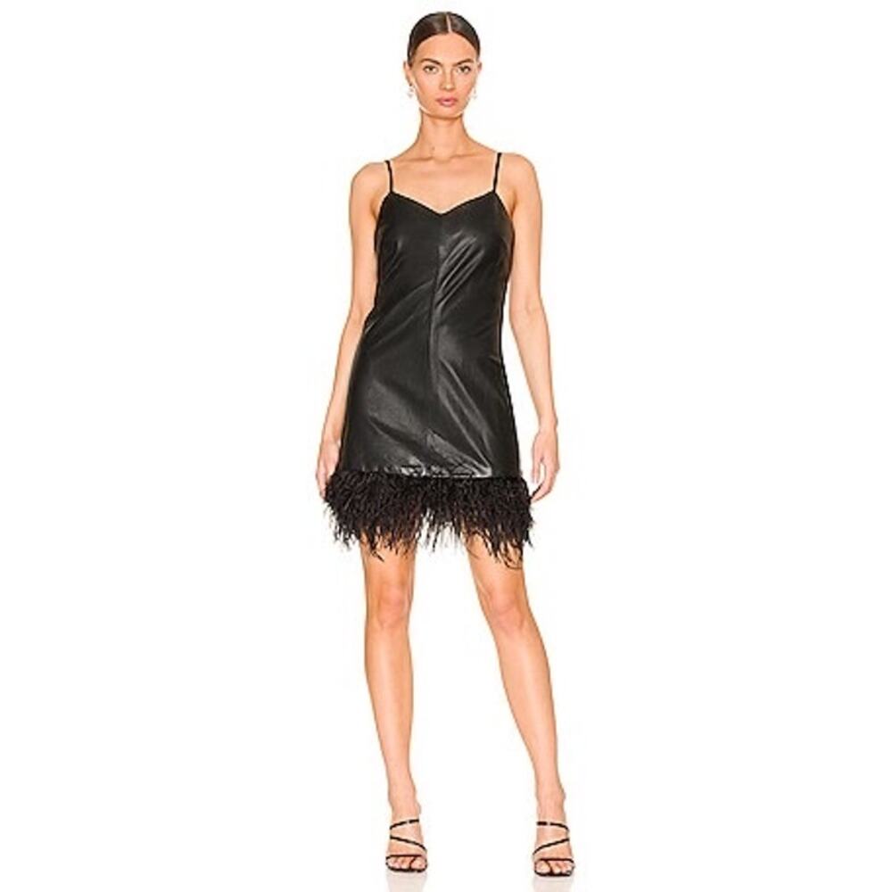 NWT LAMARQUE Mollie mini dress features vegan leather & feather trim sz L